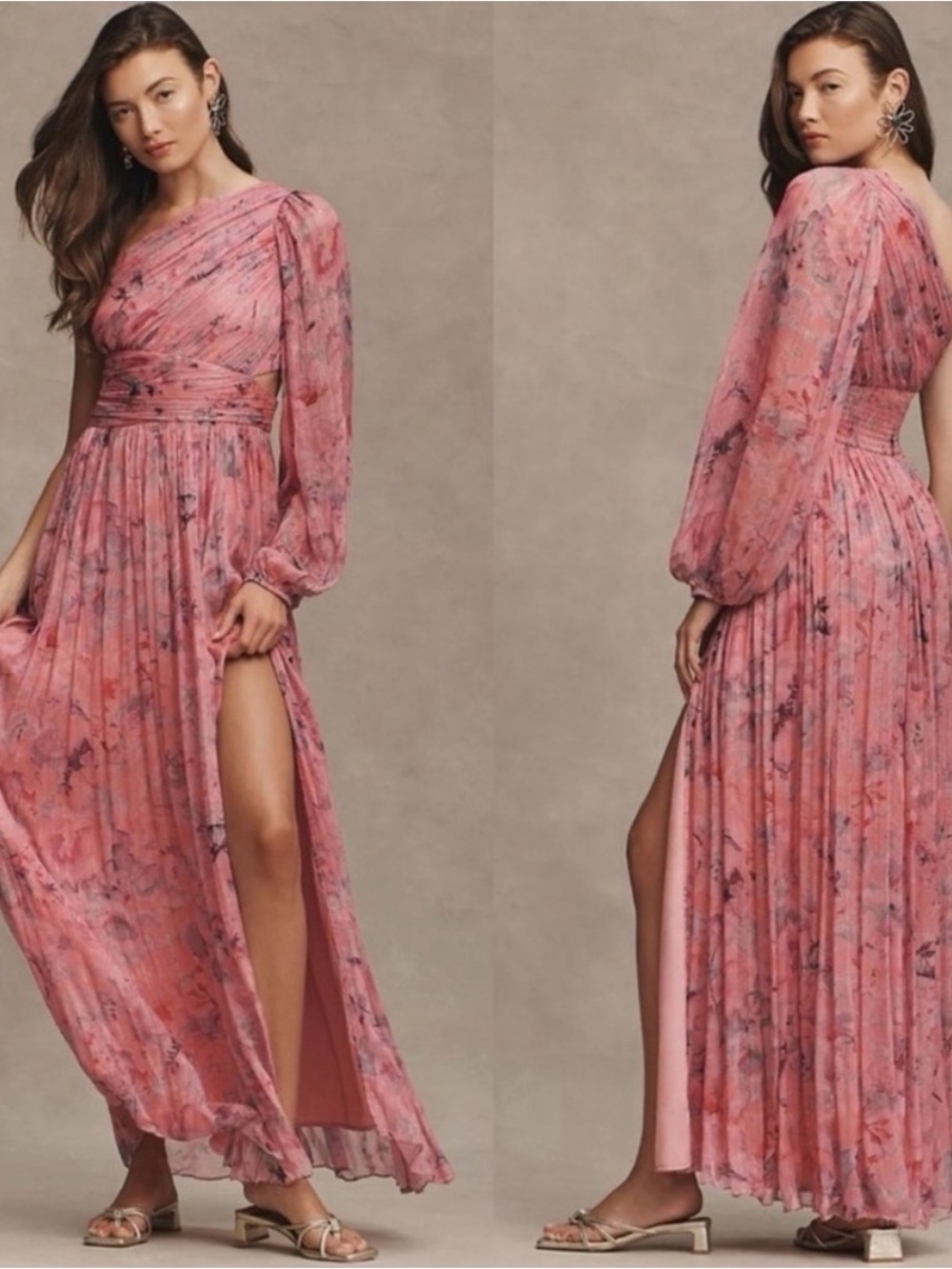 Pink Floral One-Shoulder Maxi Dress